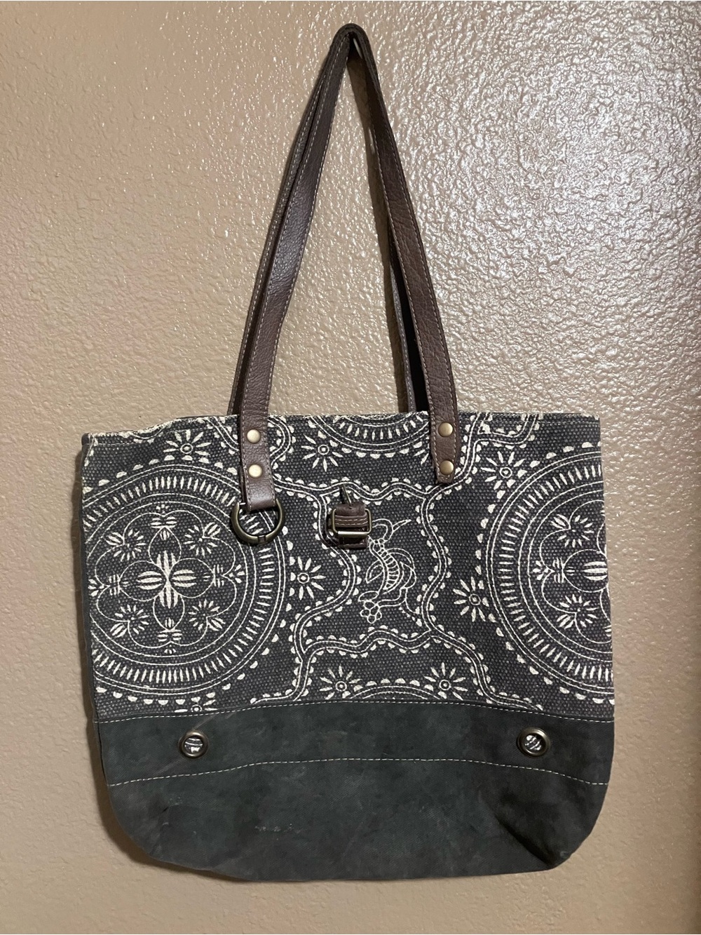 Myra Bag Grey and White Patterned Canvas Tote with Brown Straps